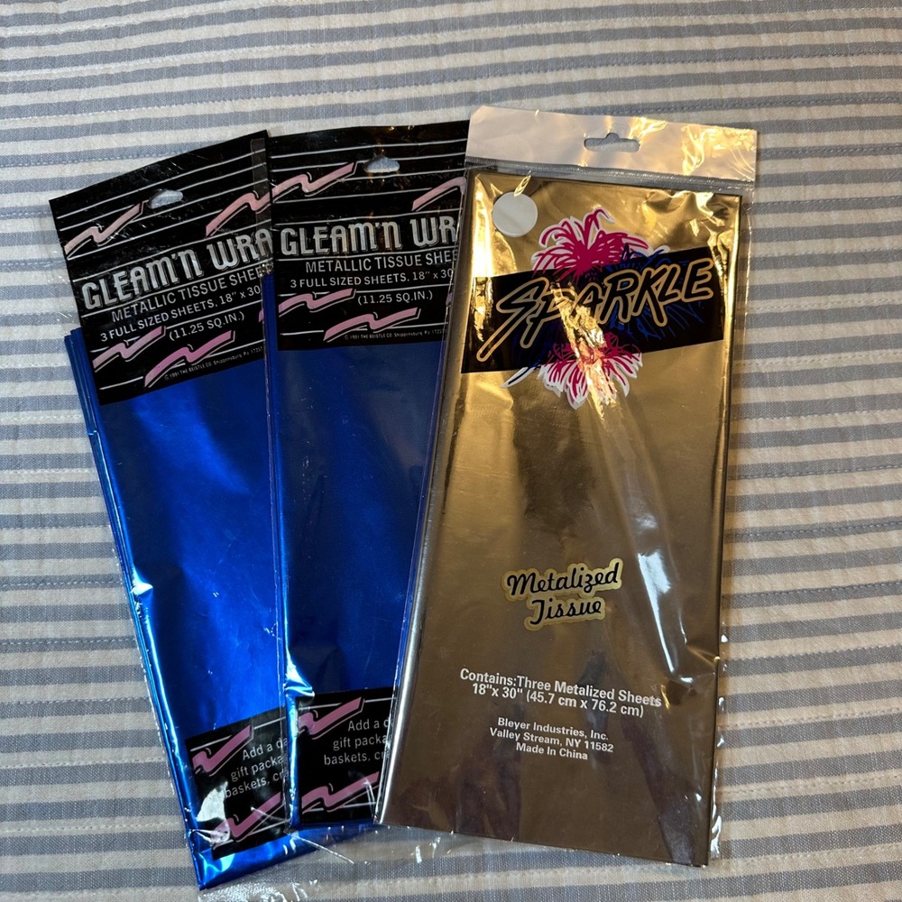 Vintage Beistle Gleam'n Wrap & Bleyer Sparkle Metallic Tissue Paper Blue Silver‎